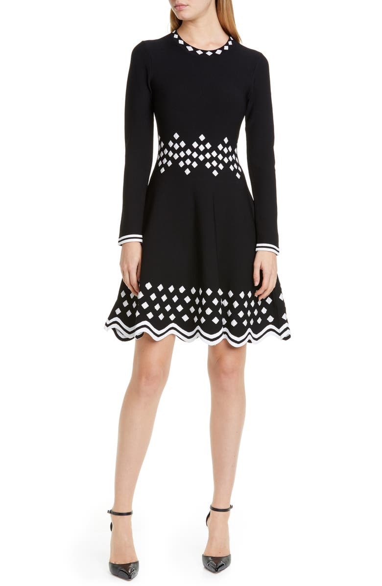 Lela Rose Diamond Jacquard Long Sleeve Fit & Flare Sweater Dress, Main, color, 