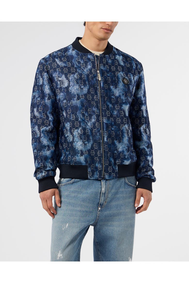 Jacquard Denim Bomber Monogram Men, Main, color, navy