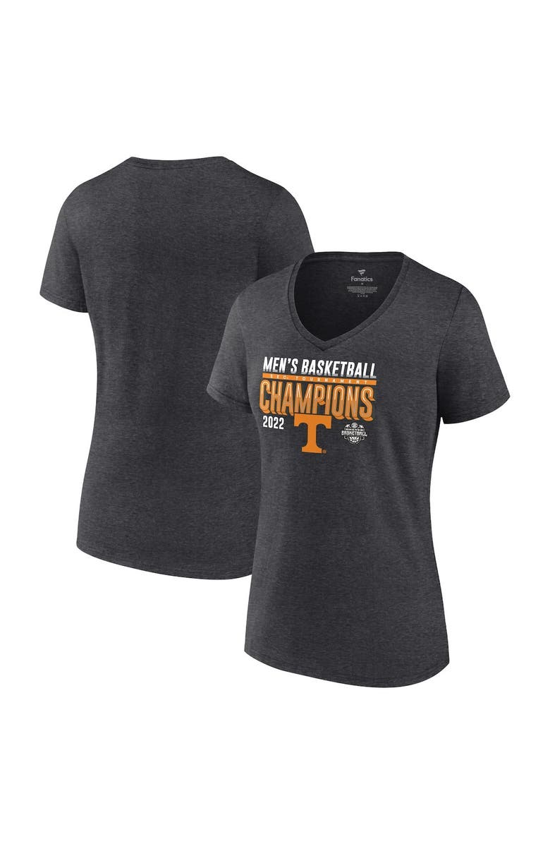 FANATICS Women's Fanatics Branded Heathered Charcoal Tennessee Volunteers 2022 SEC Men's Basketball Conference Tournament Champions Locker Room V-Neck T-Shirt, Main, color, 