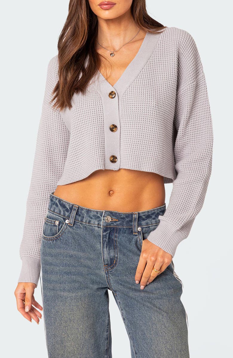 EDIKTED Waffle Knit Crop Cardigan, Main, color, 