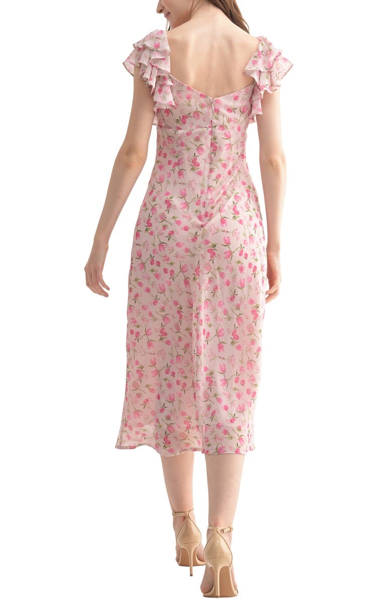 Lush Tie Neck Frill Sleeve Midi Dress, Alternate, color, Pink Floral