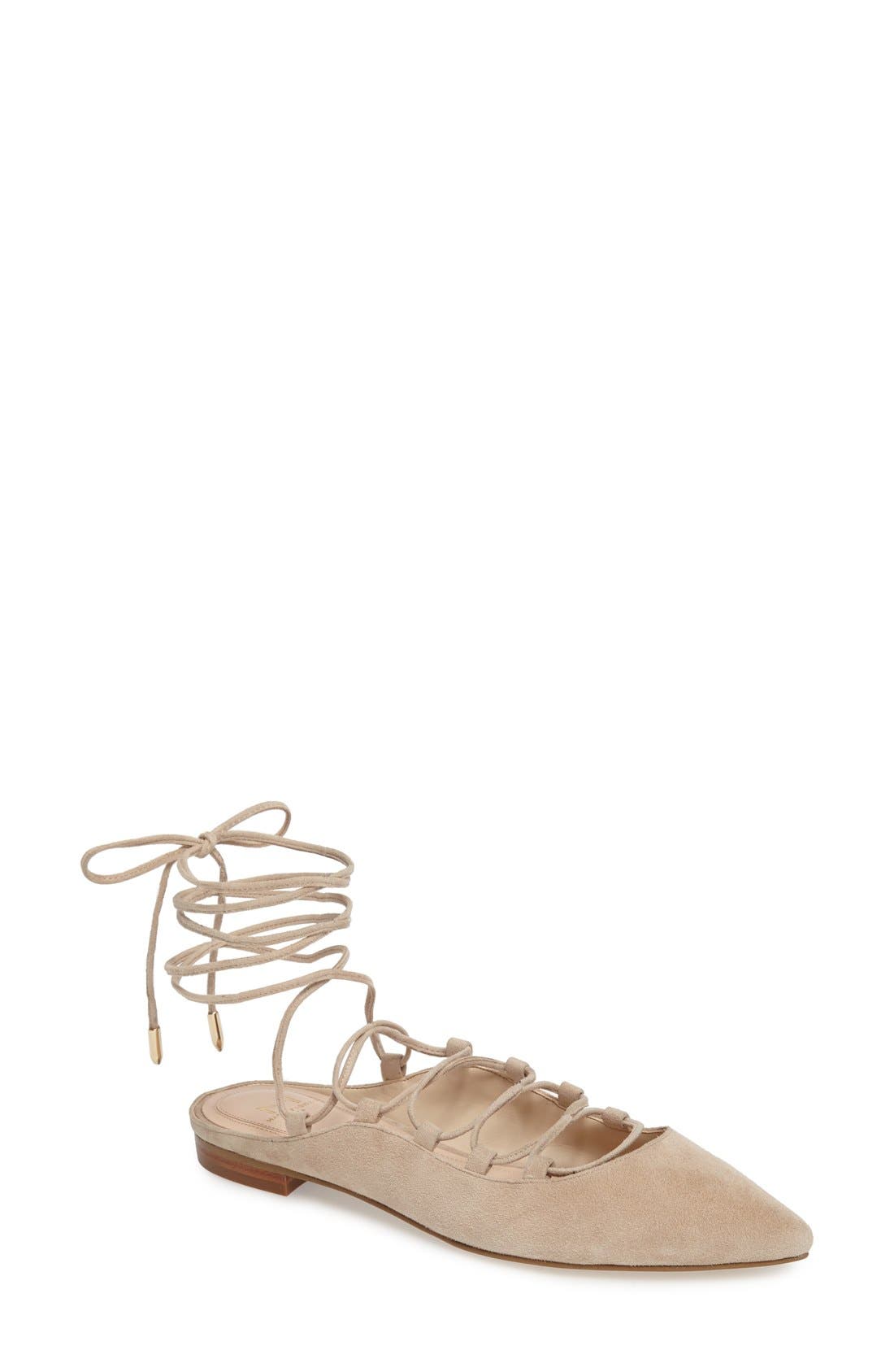 Sbrina Wraparound Lace Flat, Main, color, STRAW BEIGE SUEDE