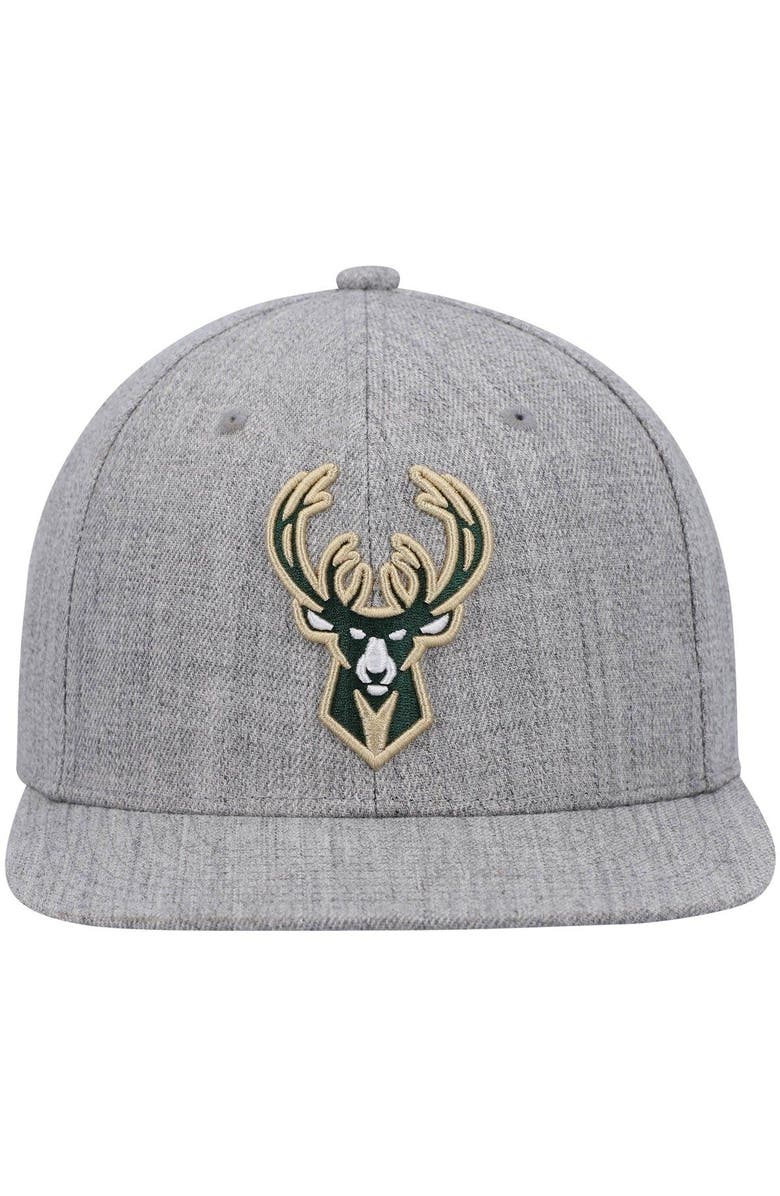 Mitchell & Ness Men's Mitchell & Ness Heathered Gray Milwaukee Bucks 2.0 Snapback Hat, Alternate, color, 