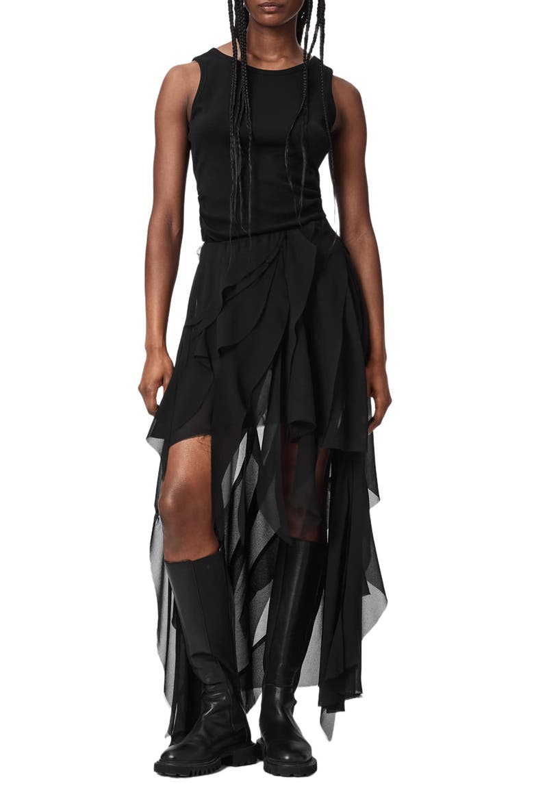 Melody Layered Ruffle Midi Skirt, Alternate, color, BLACK