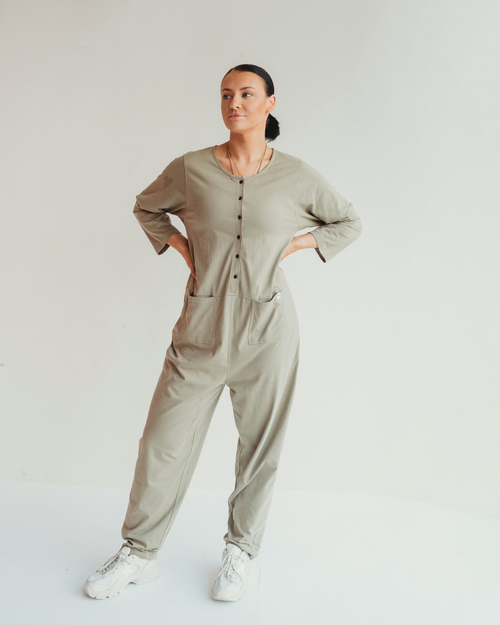 Turtledove London Organic Cotton Mila Long Sleeve Jumpsuit In Gray