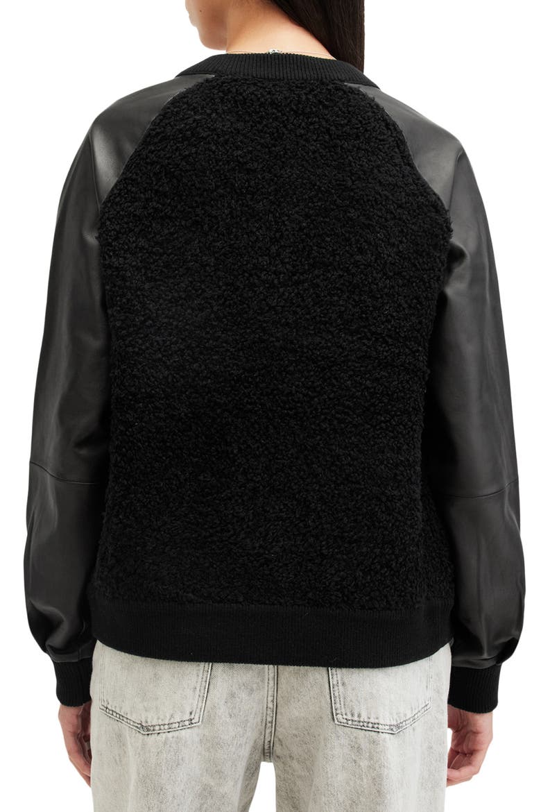 Renata Leather Sleeve Wool Blend Bomber Cardigan, Alternate, color, BLACK