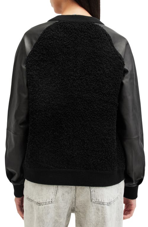 Allsaints Renata Leather Sleeve Wool Blend Bomber Cardigan In Black