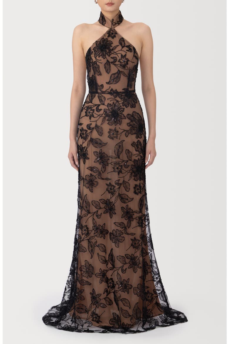 Adelaide Beaded Sheer Detail Gown, Main, color, BLACK