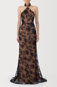 SAU LEE Adelaide Beaded Sheer Detail Gown