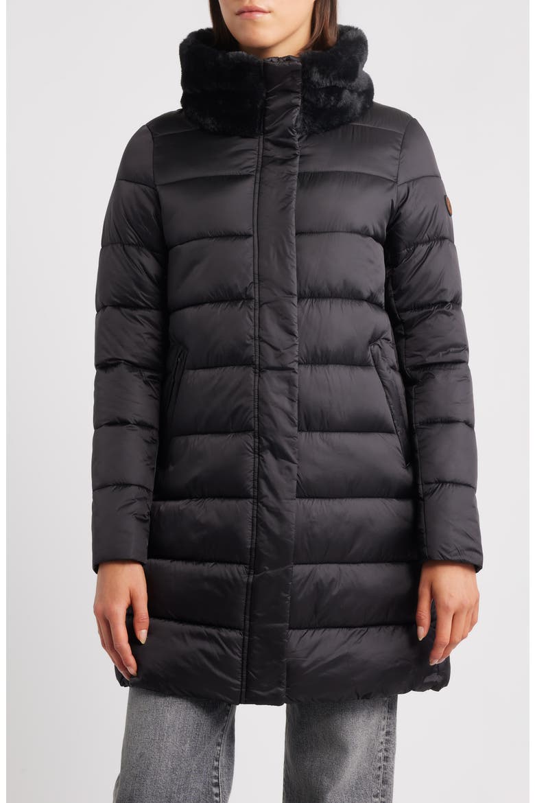 Dalea Faux Fur Collar Longline Puffer Jacket, Main, color, BLACK