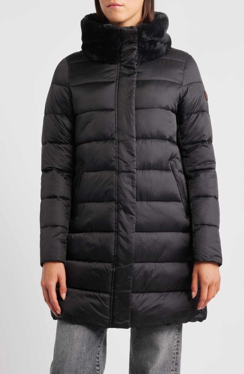 Save The Duck Dalea Faux Fur Collar Longline Puffer Jacket, Main, color, Black
