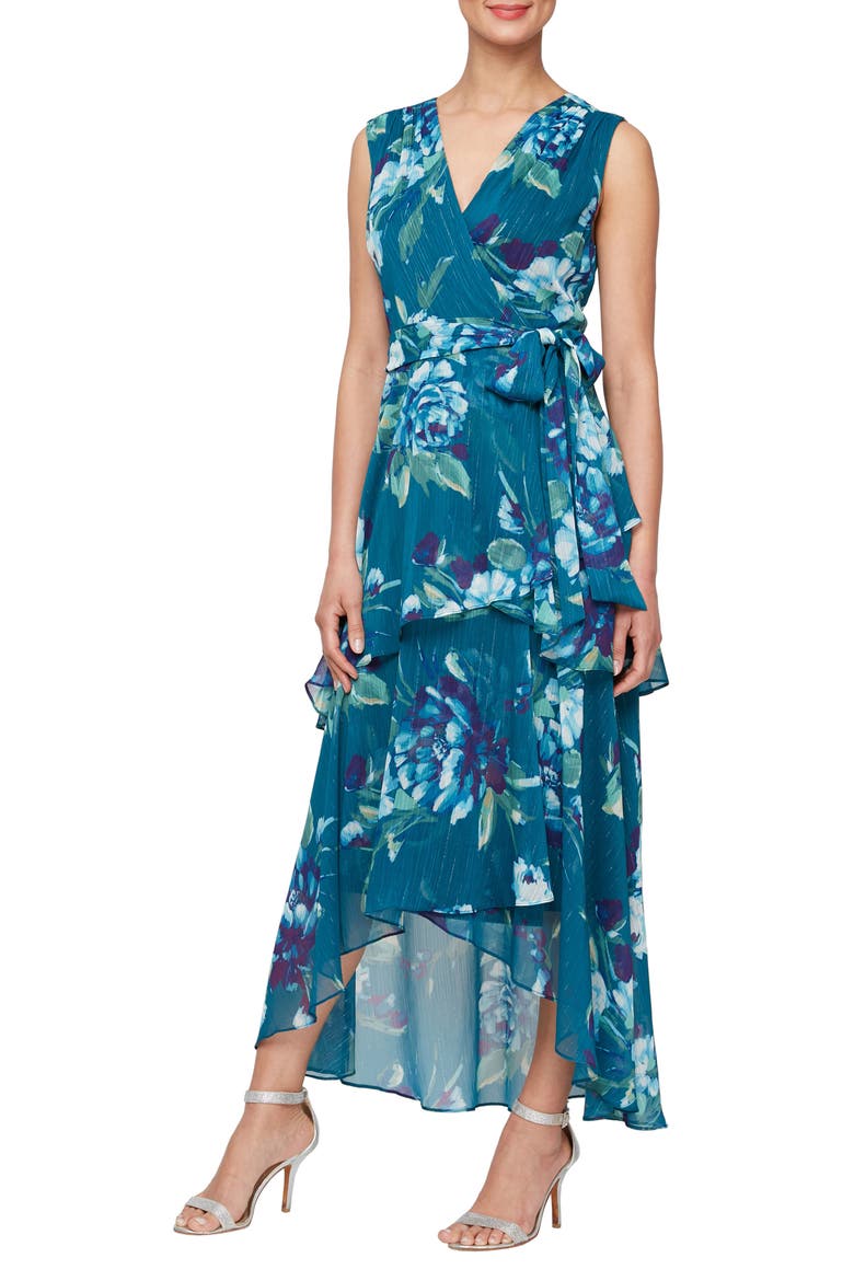 Floral Sleeveless Tiered Chiffon Maxi Dress, Main, color, TEAL MULTI