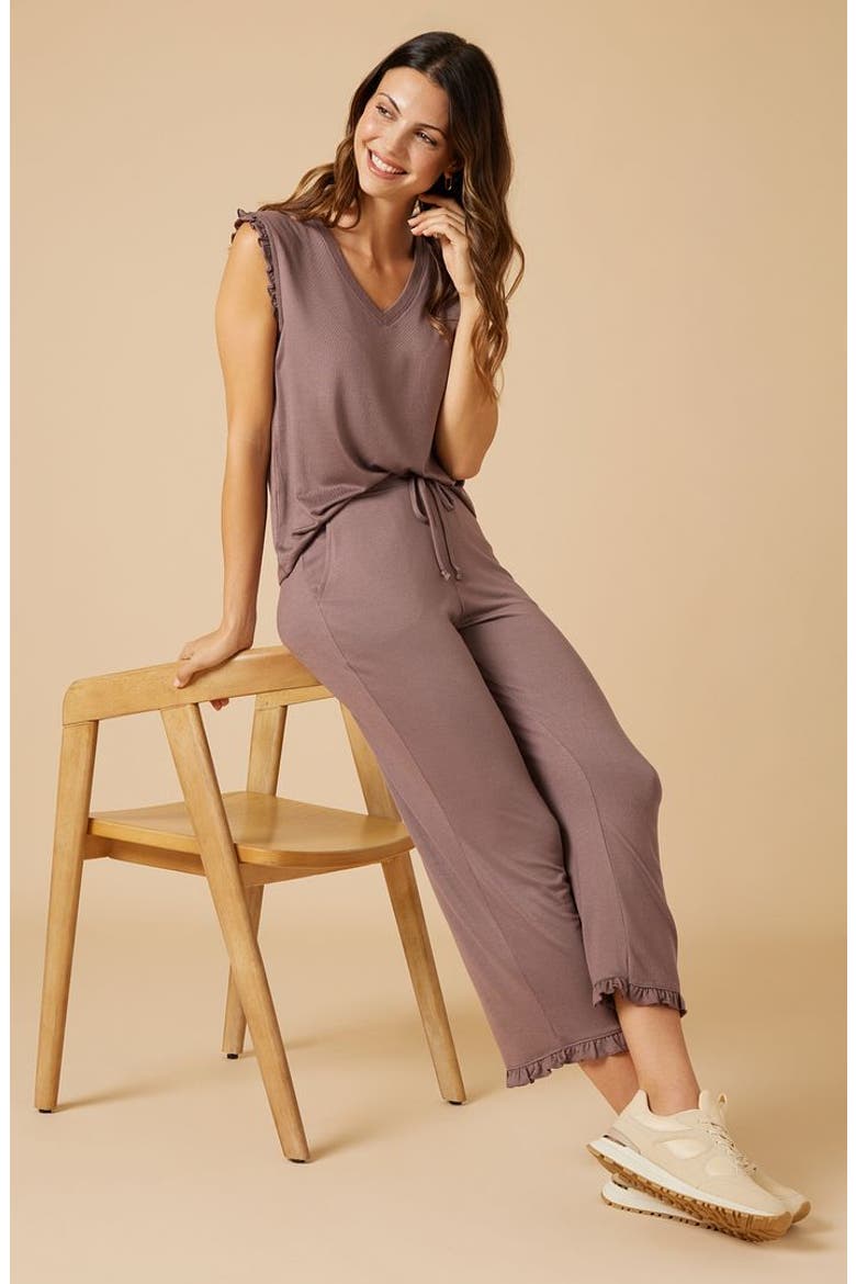 Dream Ruffle V-neck with Cropped Ruffle Edge Pant, Alternate, color, Driftwood