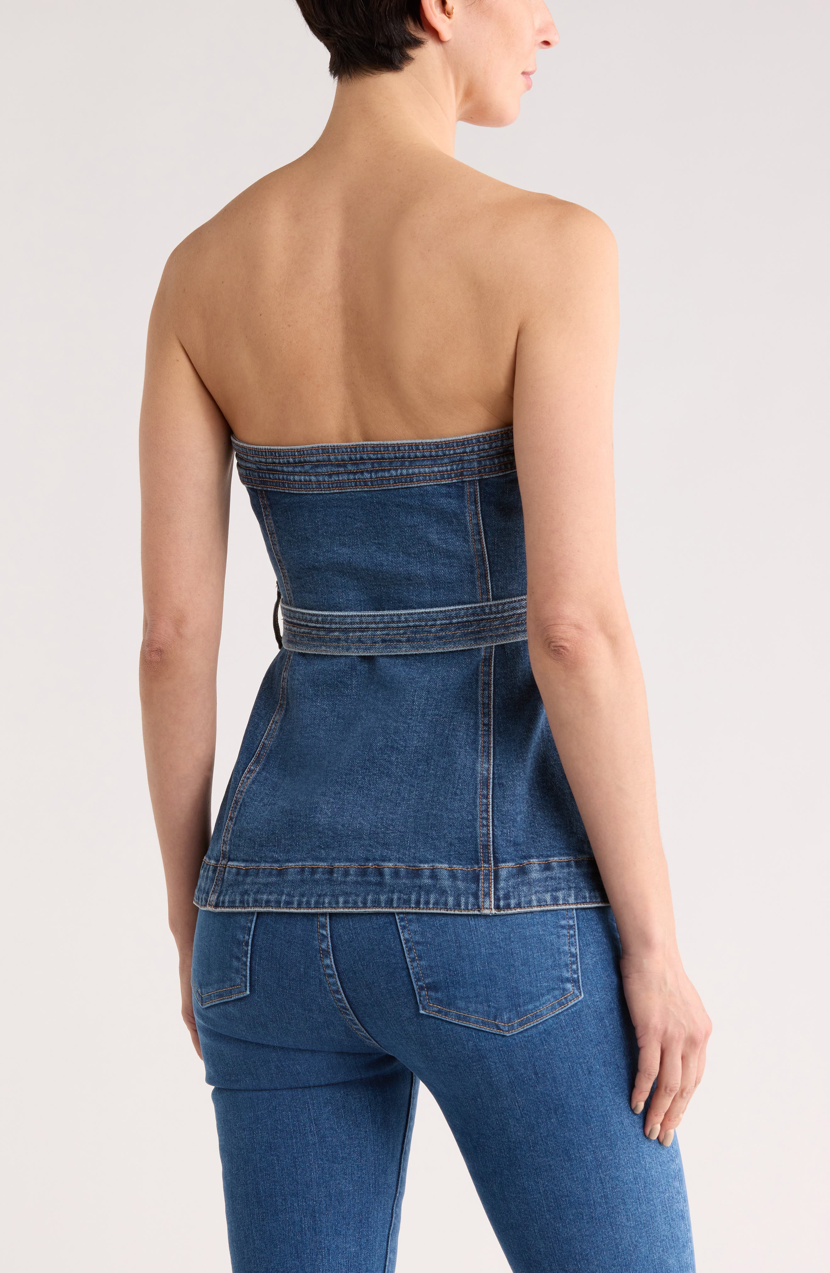 Cyan Belted Strapless Denim Bustier Top - image 2