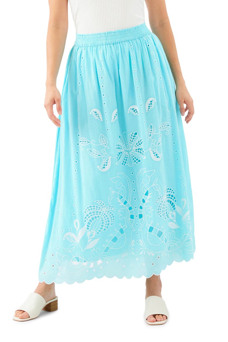 Embroidered Eyelet Cotton Midi Skirt, Main, color, AQUA