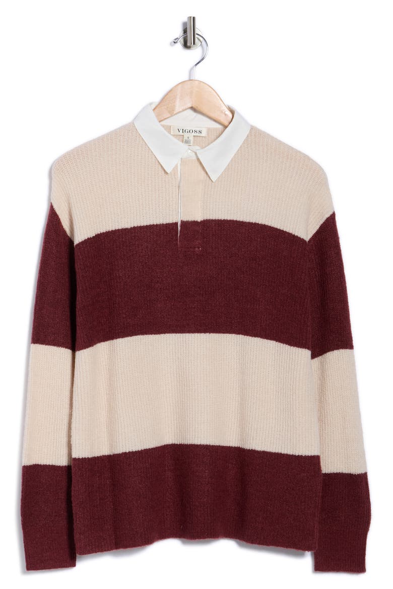Stripe Rugby Polo Sweater, Alternate, color, CREME/ CRIMSON