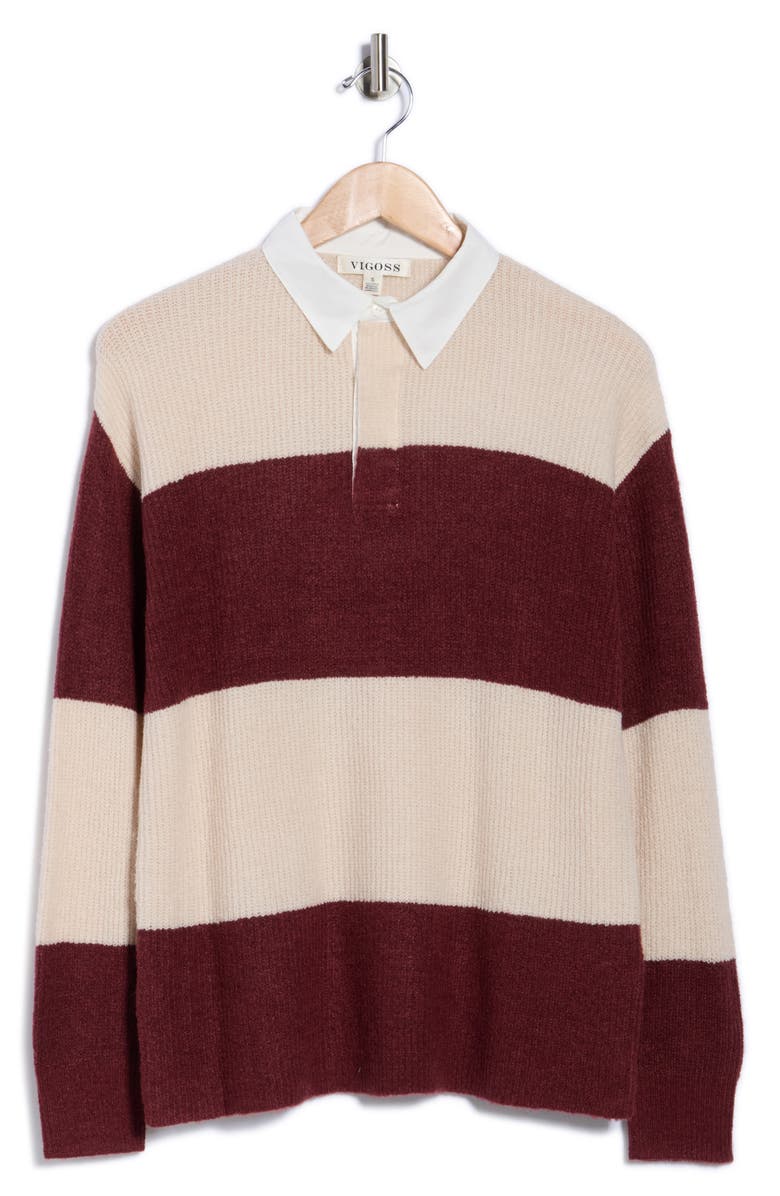 Vigoss Stripe Rugby Polo Sweater, Alternate, color, Creme/ Crimson