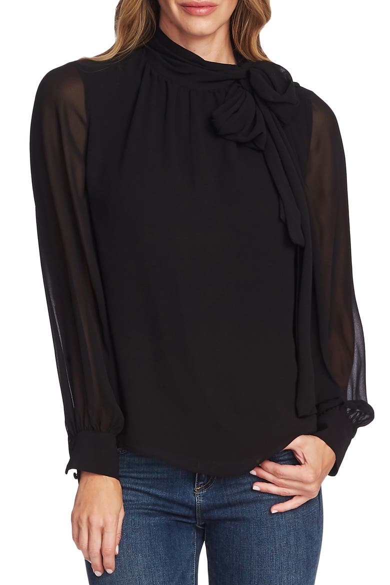 Tie Neck Long Sleeve Chiffon Blouse, Main, color, RICH BLACK