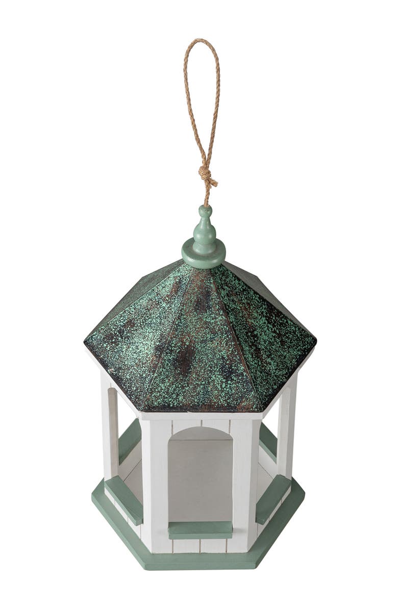 Glitzhome 15.75"H Wood Gazebo Metal Patina Finish Roof Birdfeeder, Alternate, color, Green