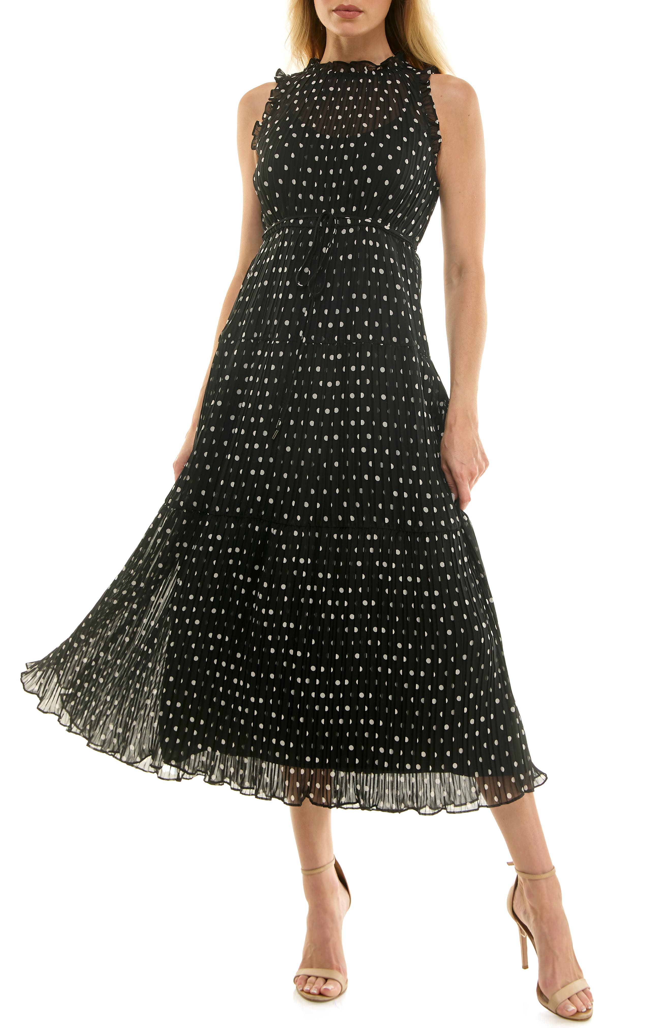 Socialite Polka Dot Sleeveless Pleated Chiffon Dress