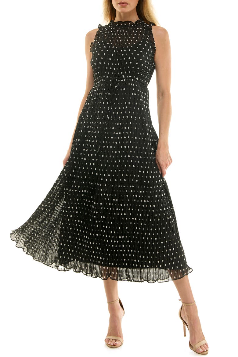 Polka Dot Sleeveless Pleated Chiffon Dress, Main, color, BLACK/ WHITE DOT