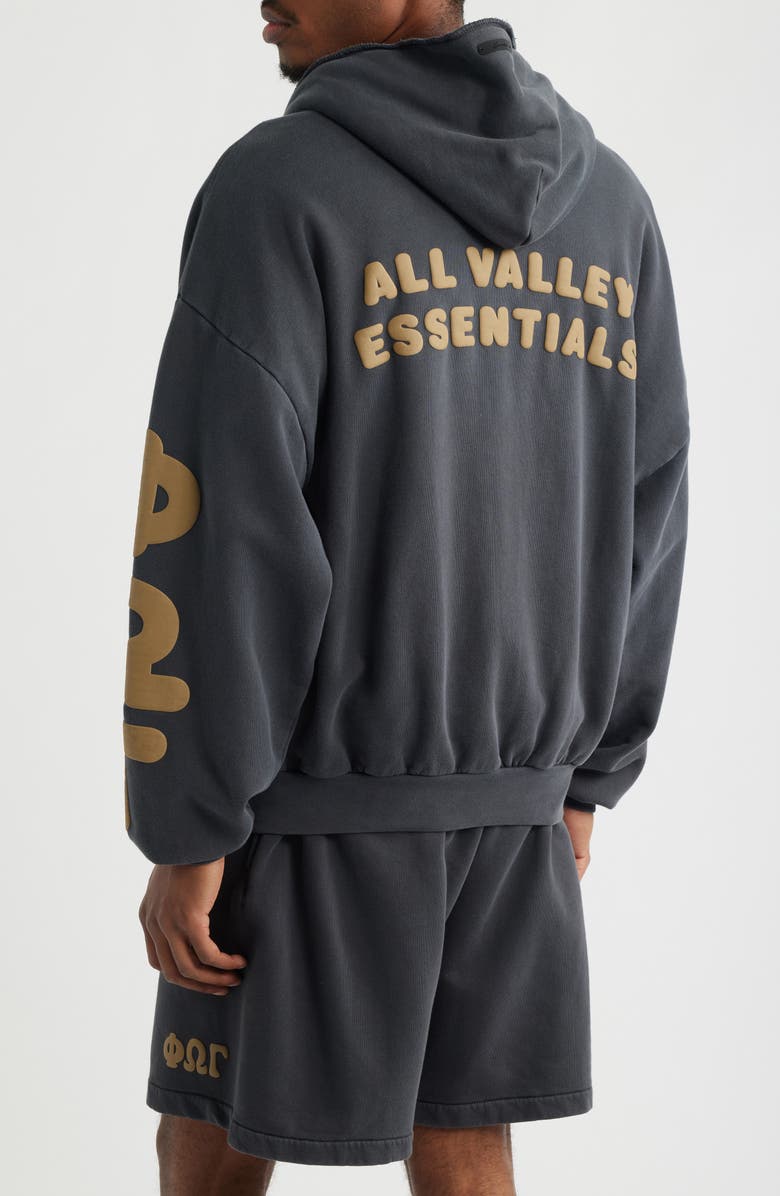 Fear of God Essentials 90s Graphic Washed Zip Front Cotton Hoodie, Alternate, color, Washed Iron Grey