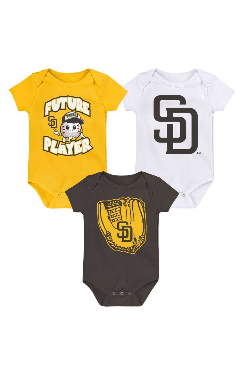 Outerstuff Newborn & Infant Gold/Brown/White San Diego Padres Minor League Player Three-Pack Bodysuit Set, Main, color, Gold