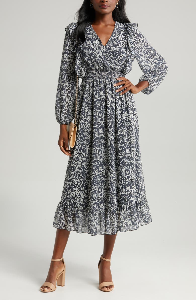 Sam Edelman Wallpaper Paisley Smocked Waist Long Sleeve Dress, Main, color, Mineral Multi