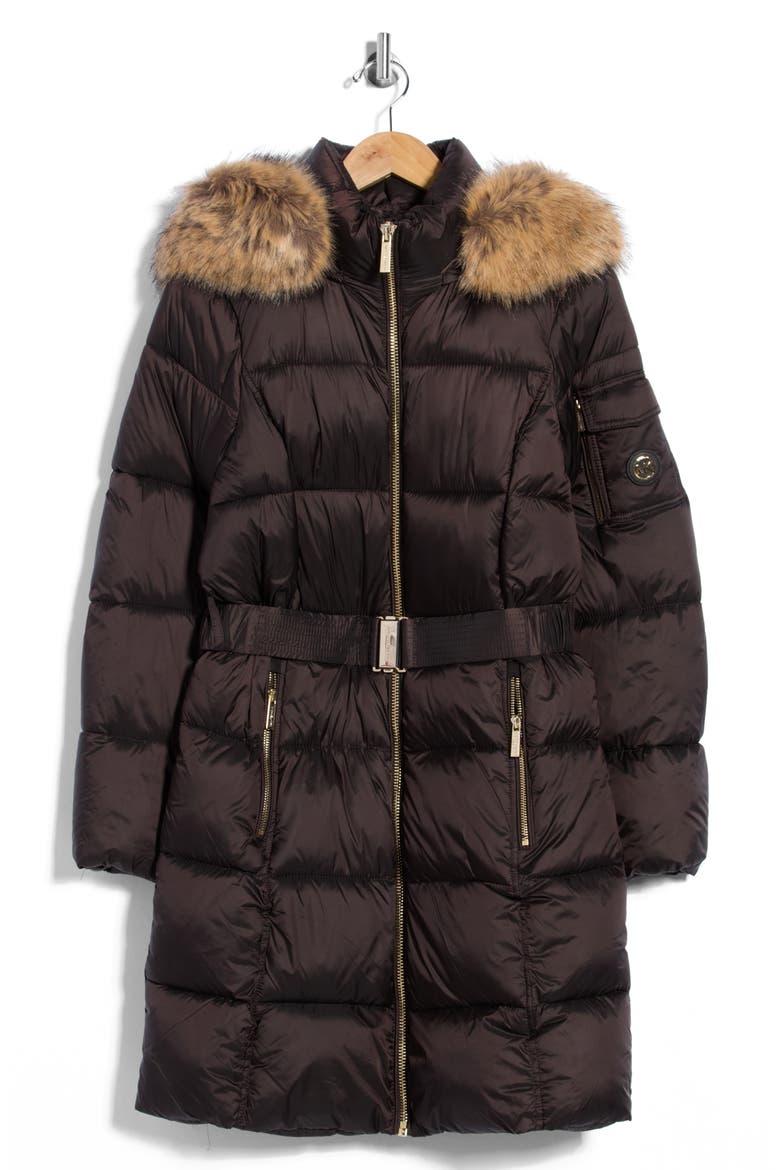 Faux Fur Trim Hooded Puffer Walker Coat, Main, color, CHOCOLATE