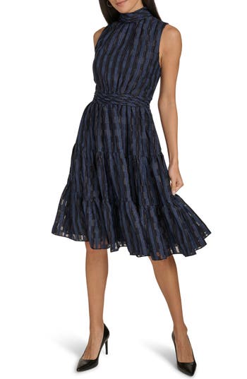 Calvin Klein Women's Checkered Shimmering Tiered A-line Midi Dress In Oyster