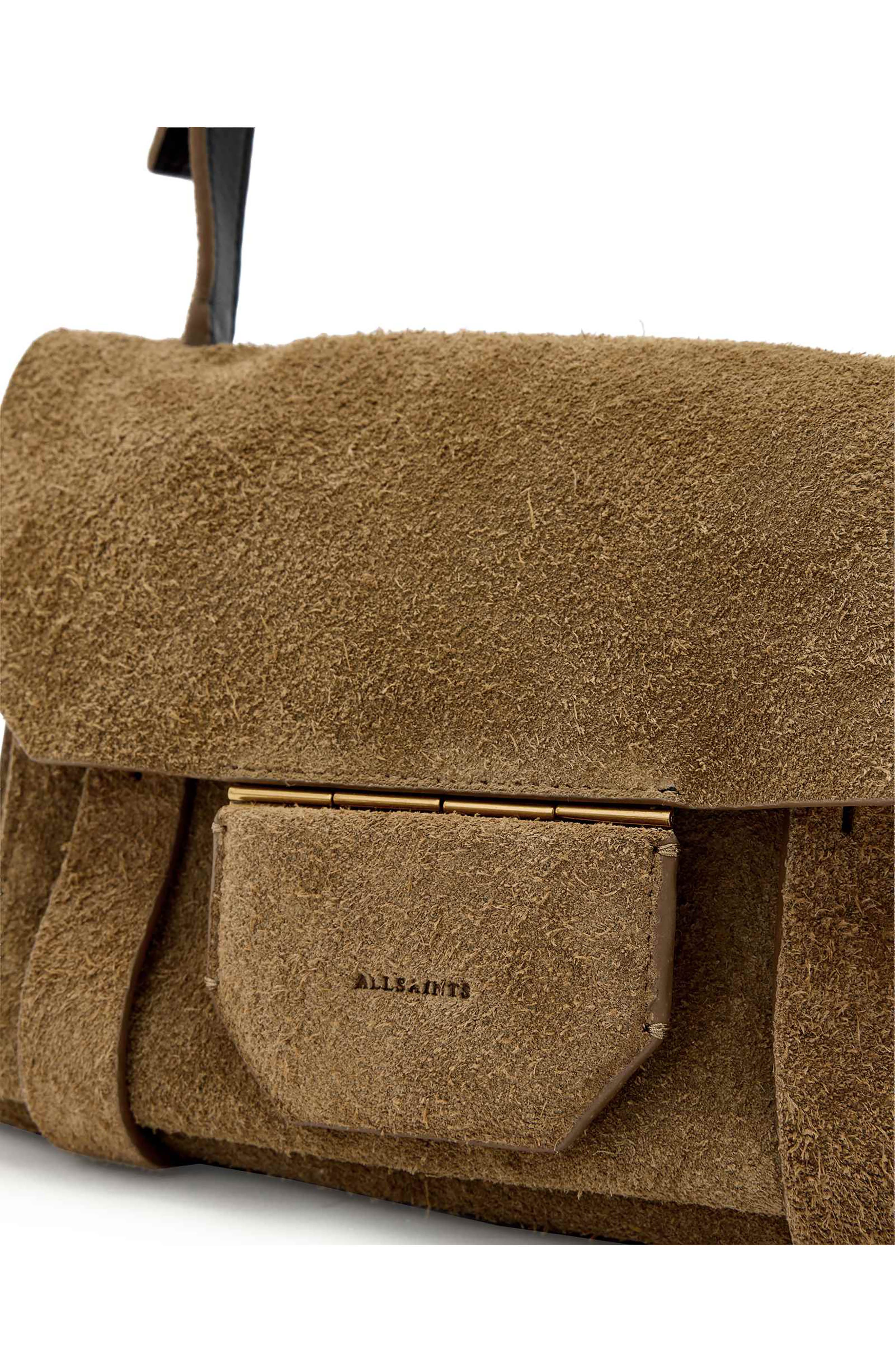 AllSaints Mini Ursa Suede Crossbody Bag, Alternate, color, Biscuit Brown