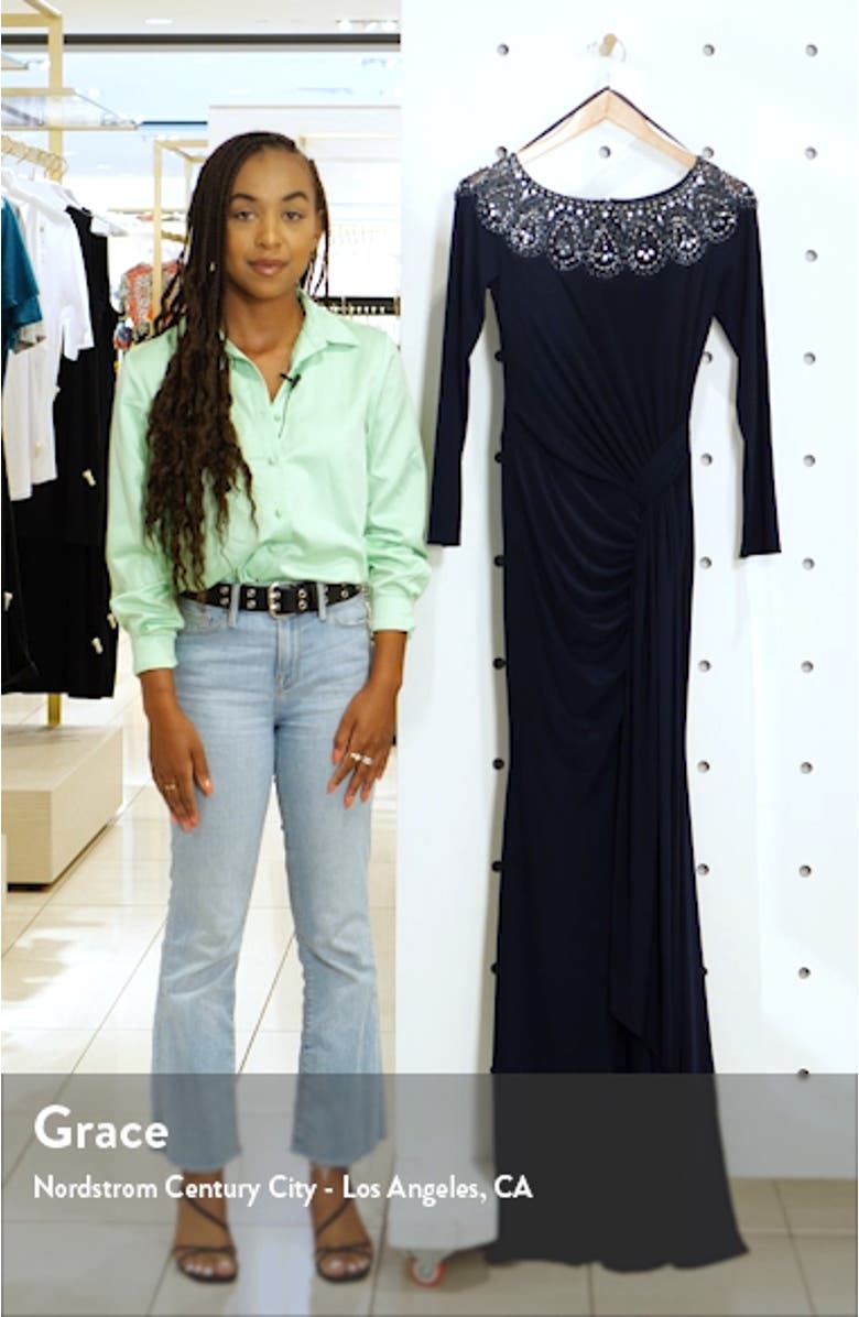 Xscape Beaded Neck Long Sleeve Ruched Jersey Gown, sales video thumbnail