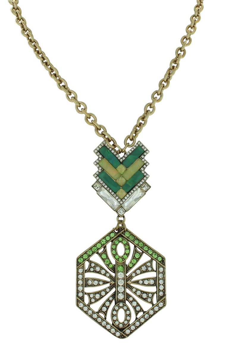 Rhinestone Geometric Pendant Statement Necklace, Main, color, BURNISHED GOLD / GREEN
