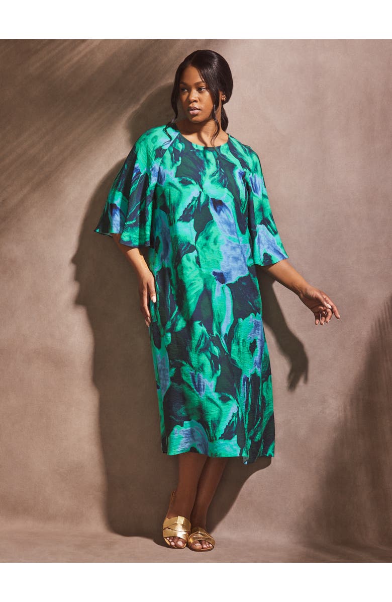 Live Unlimited Green Abstract Print Flutter Sleeve Midi Dress, Alternate, color, Green