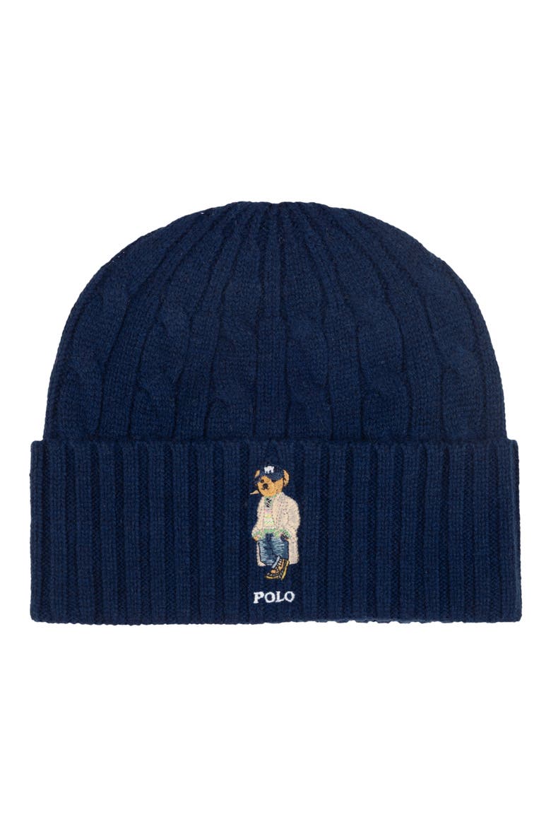 Cable Knit Polo Bear Beanie, Main, color, NEWPORT NAVY