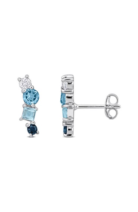 Mixed Cut Swiss London Blue Topaz, Sky Blue Topaz & White Sapphire Stud Earrings