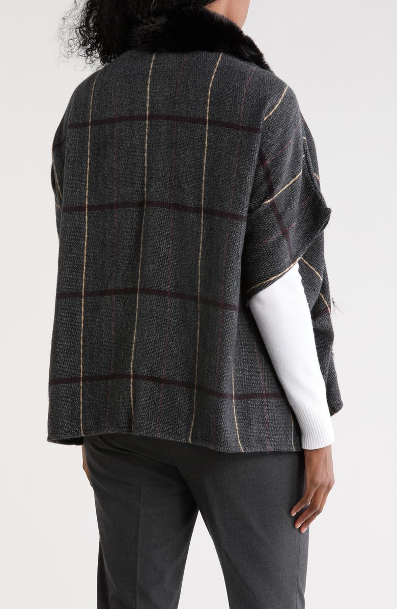 Vince Camuto Faux Fur Collar Plaid Ruana, Alternate, color, Black