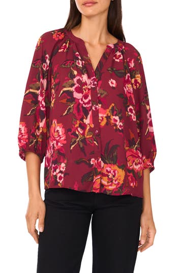 Vince Camuto V-neck Puff Sleeve Blouse In Burgundy