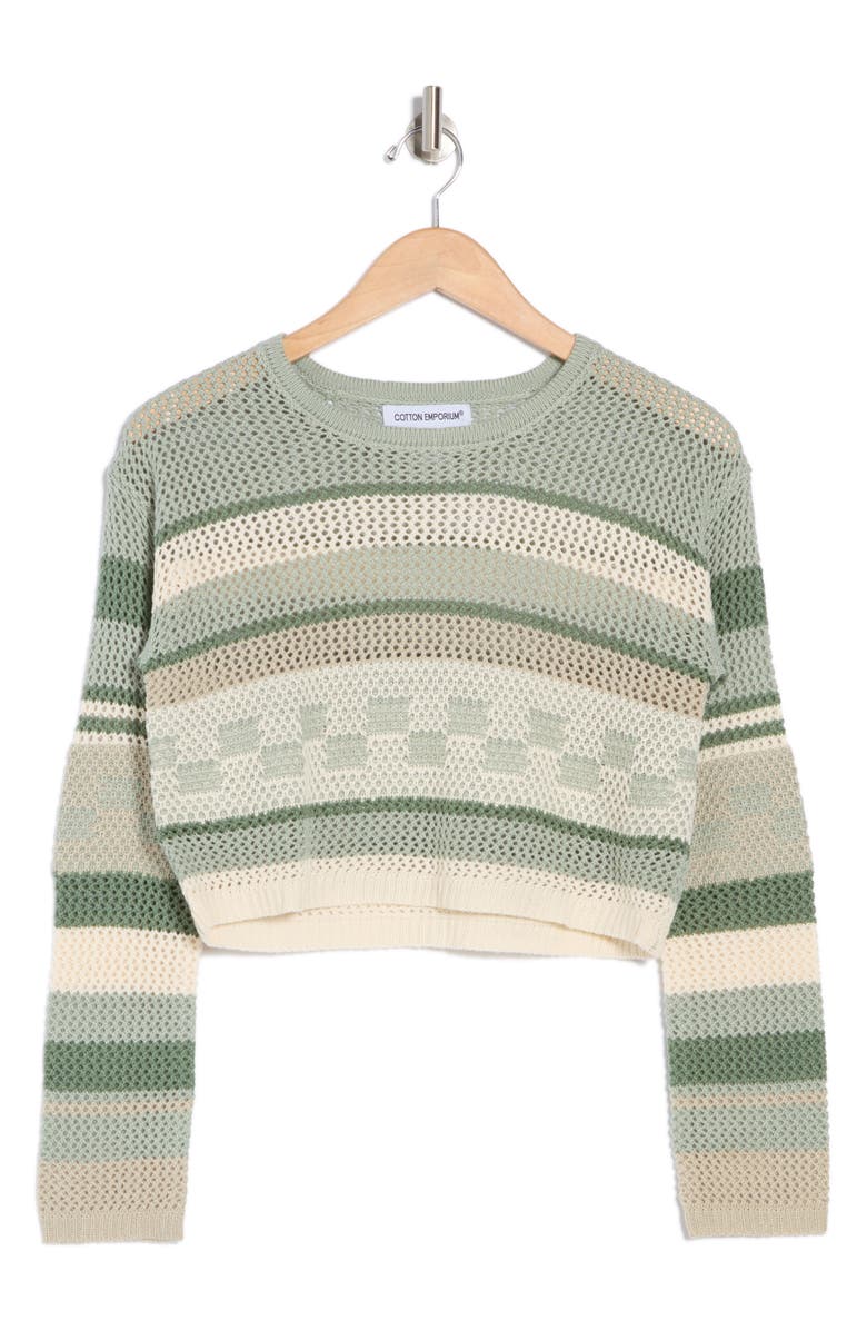 Cotton Emporium Stripe Open Knit Crop Sweater, Alternate, color, Sage