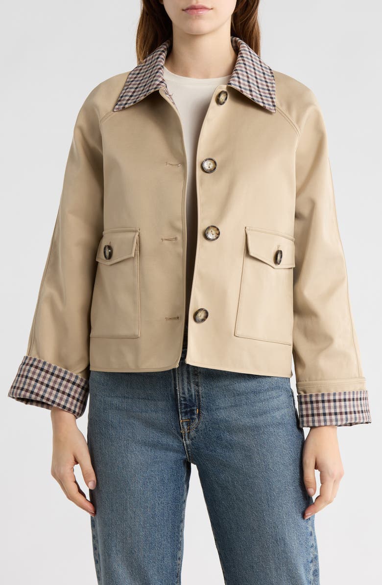 Bernardo Short Raincoat, Alternate, color, Khaki / Check Print