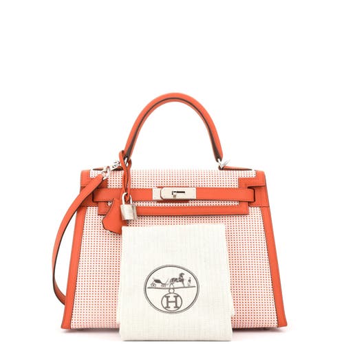 Pre-owned Hermes Hermes Kelly Handbag Quadrille Canvas And Orange Swift With Palladium Hardware 28 In Brown