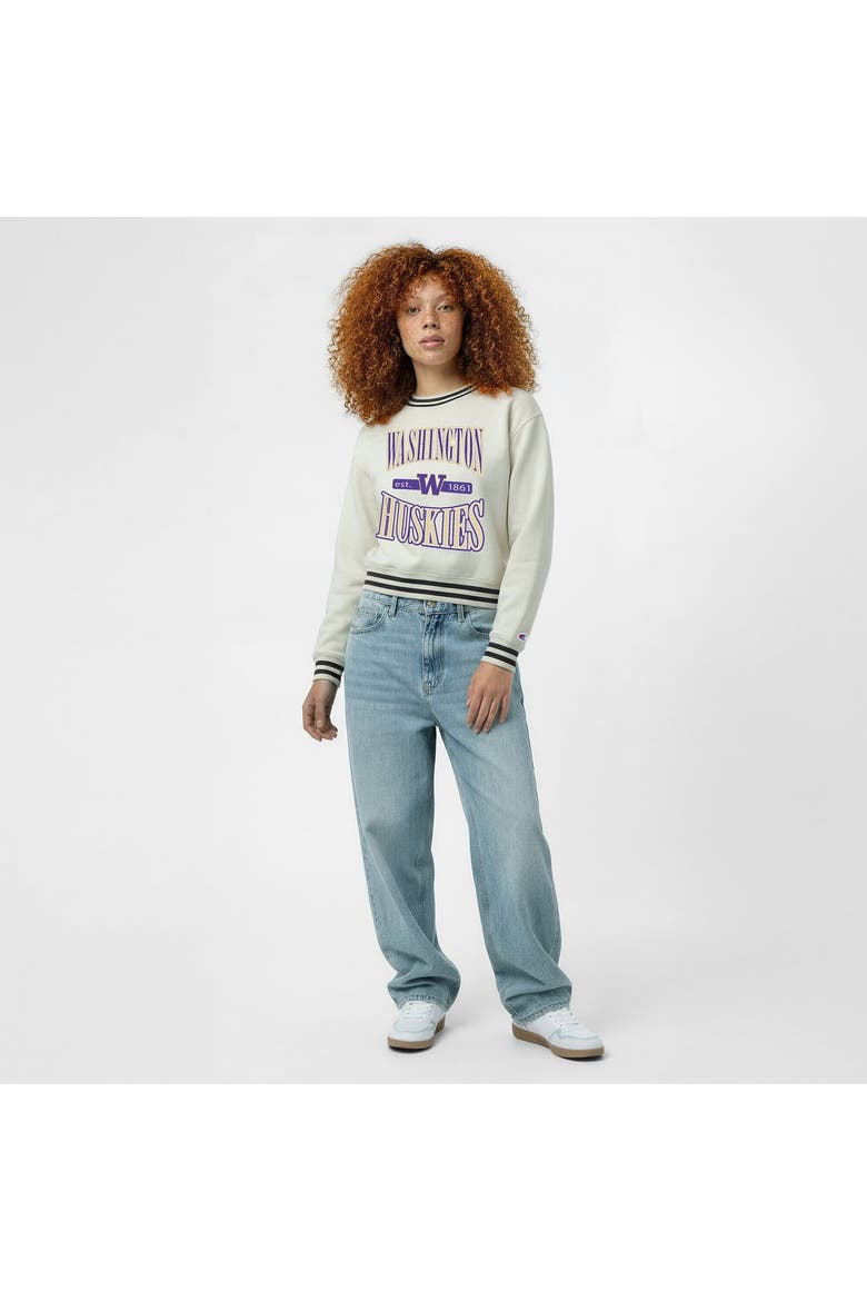 Women's Champion  White Washington Huskies Yarn Dye Rib Reverse Weave Crew Sweatshirt, Alternate, color, White