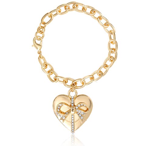 Heart Bow Drop Bracelet, Gold-Tone Pavé