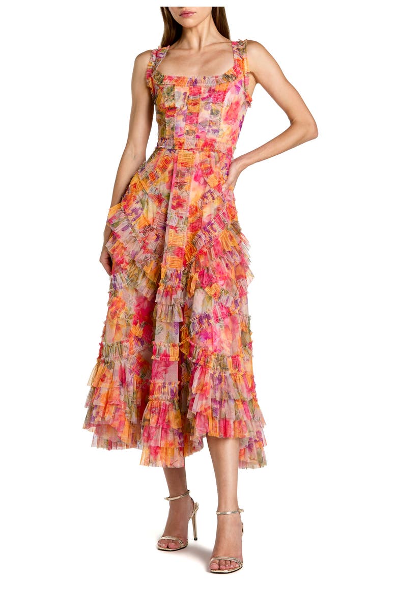 Mac Duggal Floral Scoop Neck A-Line Ruffle Midi Dress, Main, color, Multi