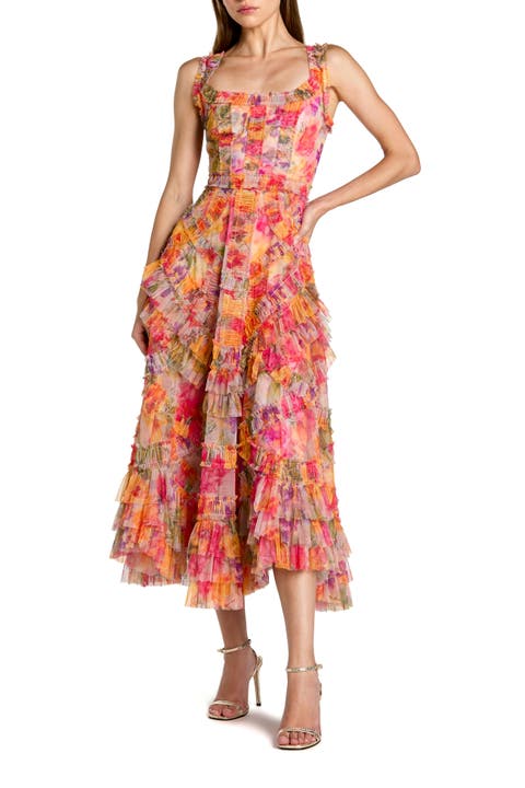 Floral Scoop Neck A-Line Ruffle Midi Dress