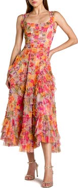 Mac Duggal Floral Scoop Neck A-Line Ruffle Midi Dress