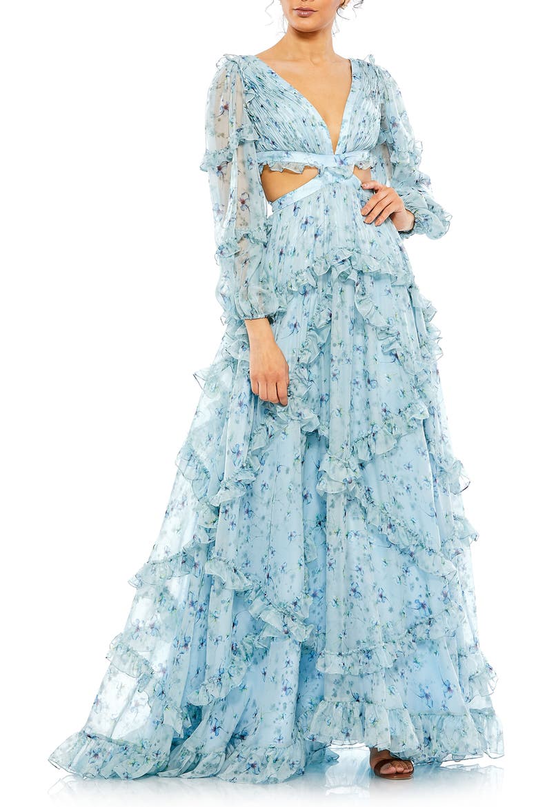 Floral Chiffon Ruffle Gown with Plunging Neckline & Cutout Back (Women ...
