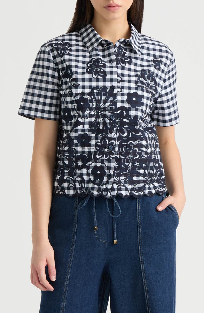 NVLT Floral Gingham Cotton Poplin Button-Up Shirt, Main, color, Navy Gingham