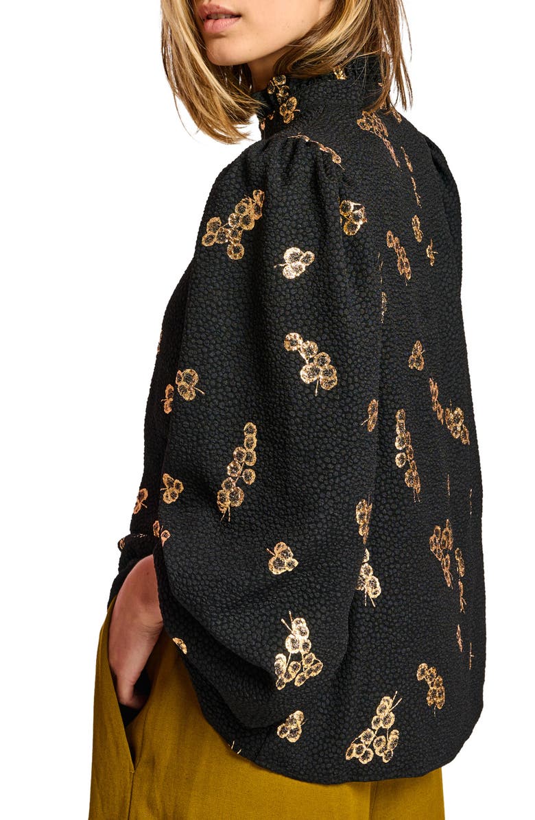 Essentiel Antwerp Adries Gold Floral Ruffle Neck Top, Alternate, color, 