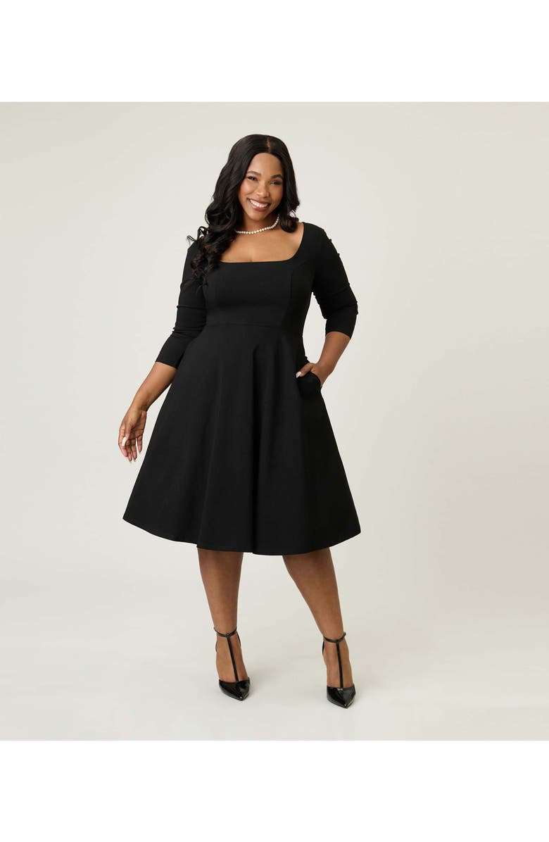 Unique Vintage Plus Size Square Neck Pleated Swing Dress, Main, color, Black
